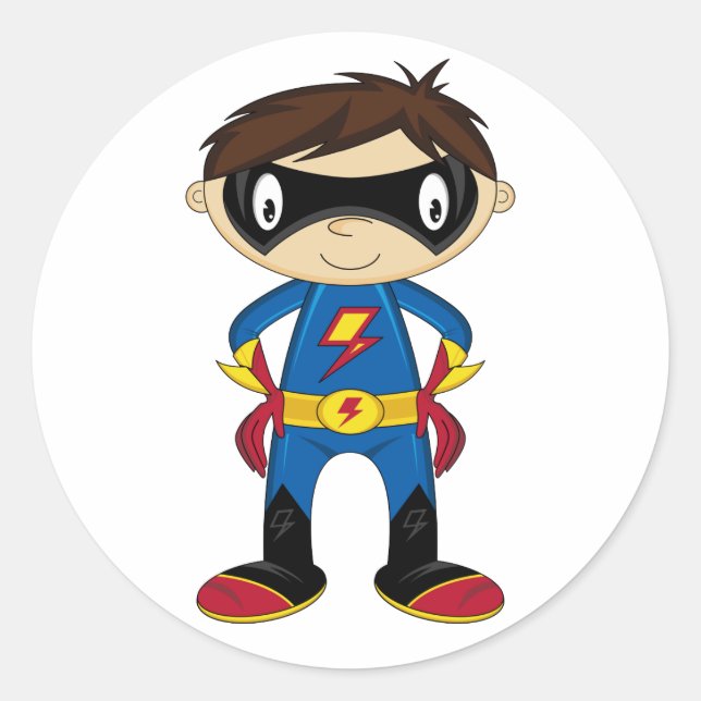 Cute Superhero Boy Classic Round Sticker (Front)