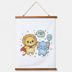 Cute Superhero Lion and Elephant Friends Cartoon Hanging Tapestry