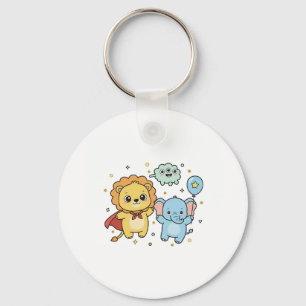 Cute Superhero Lion and Elephant Friends Cartoon Keychain