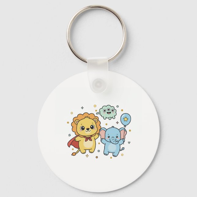 Cute Superhero Lion and Elephant Friends Cartoon Keychain (Front)