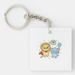 Cute Superhero Lion and Elephant Friends Cartoon Keychain