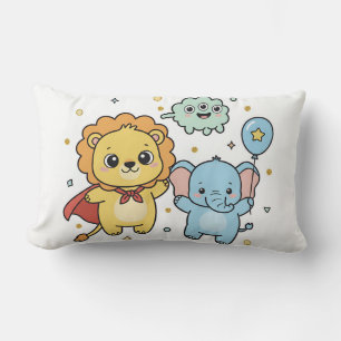 Cute Superhero Lion and Elephant Friends Cartoon Lumbar Pillow