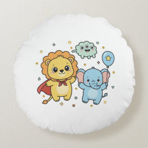 Cute Superhero Lion and Elephant Friends Cartoon Round Pillow