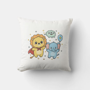 Cute Superhero Lion and Elephant Friends Cartoon Throw Pillow