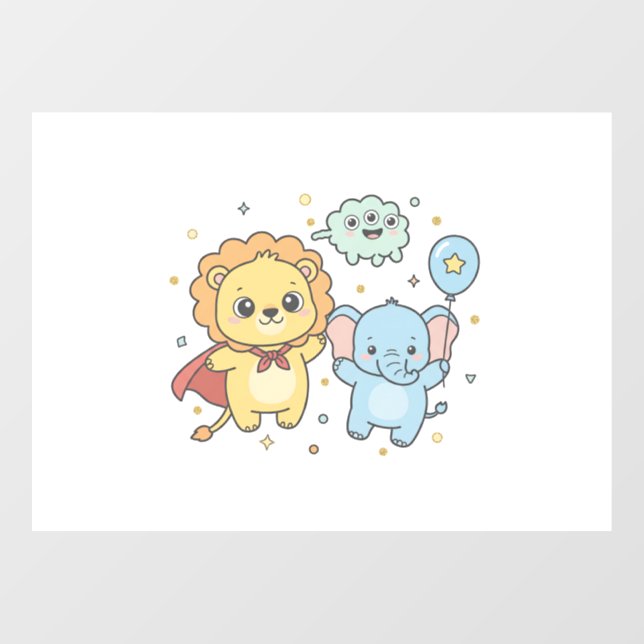 Cute Superhero Lion and Elephant Friends Cartoon Window Cling (Sheet)