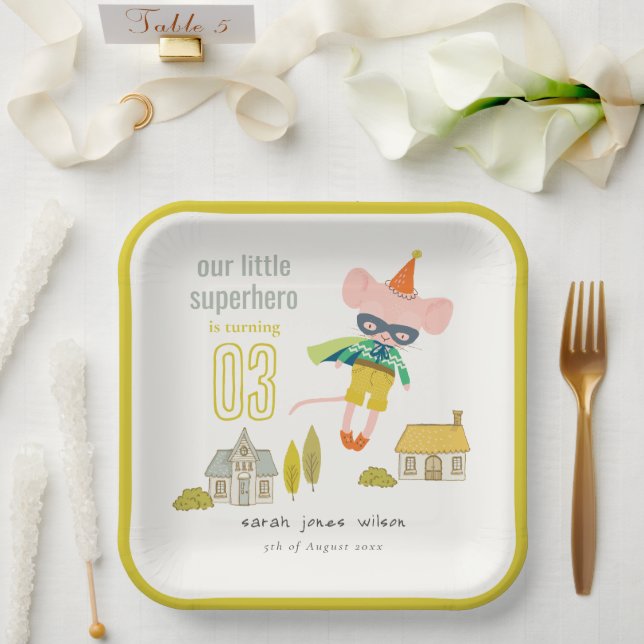Cute Superhero Mouse Fun Kids Photo Birthday Paper Plate (Wedding)