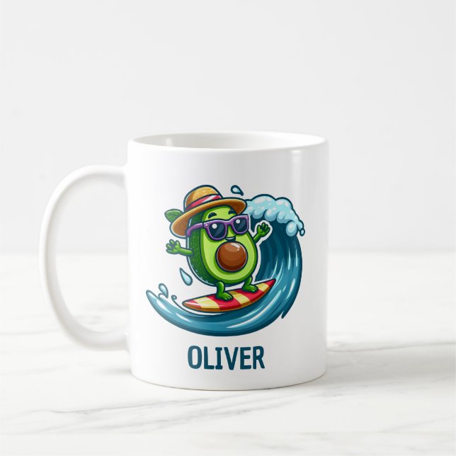 Cute Surfer Avocado Hits the Waves Personalized Coffee Mug (Left)
