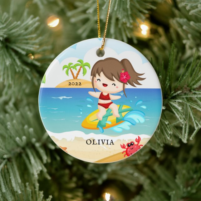 Cute Surfer Girl Personalized Christmas  Ceramic Ornament (Tree)