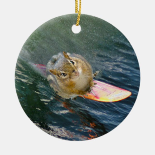 Cute Surfing Chipmunk Ceramic Ornament (Front)