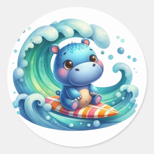 Cute Surfing Hippo Stickers (Front)