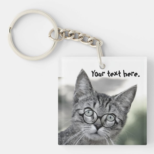 Cute Surprised Cat with Glasses Keychain (Front)