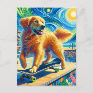 Cute Surreal Golden Retriever Skateboarding Postcard