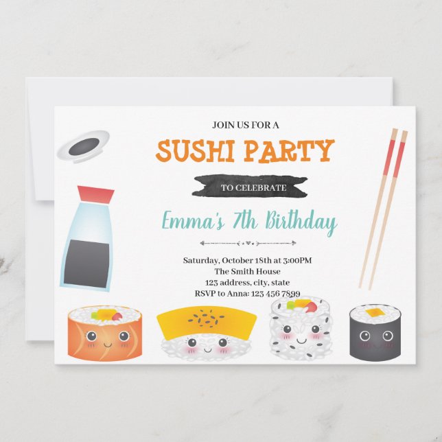 Cute Sushi birthday party invitation (Front)