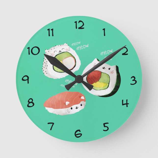 Cute Sushi Cat Round Clock (Front)