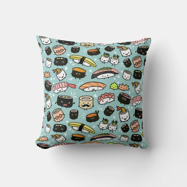 Cute Sushi Characters | Kawaii Sushi Patterned Throw Pillow (Front)