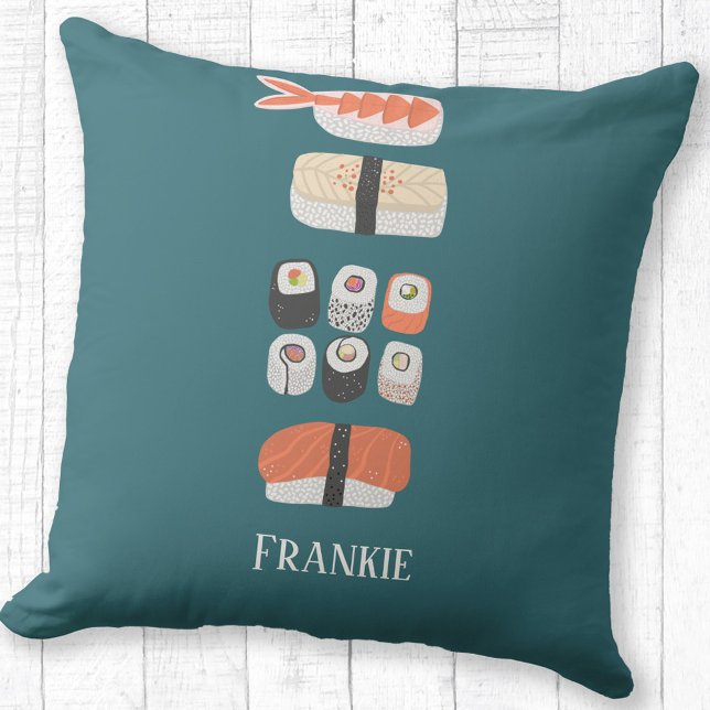 Cute Sushi Custom Name Throw Pillow (Fun Japanese Sushi personalized name pillow)