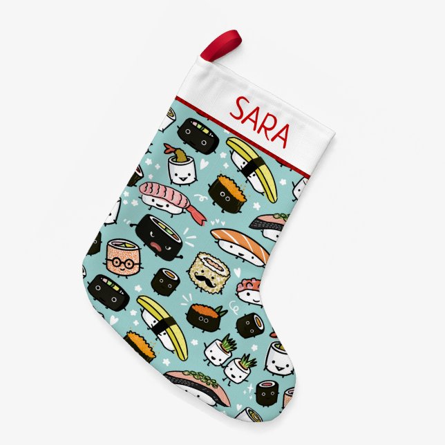 Cute Sushi Pattern Funny Kawaii Food Holiday Xmas Small Christmas Stocking (Front (Hanging))