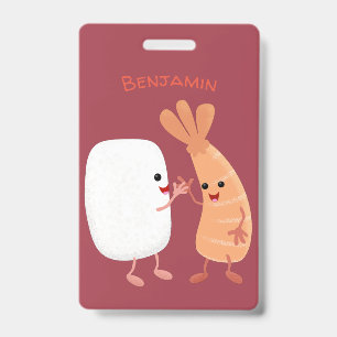 Cute sushi rice prawn friends cartoon badge