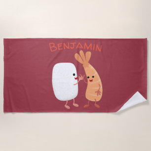 Cute sushi rice prawn friends cartoon beach towel