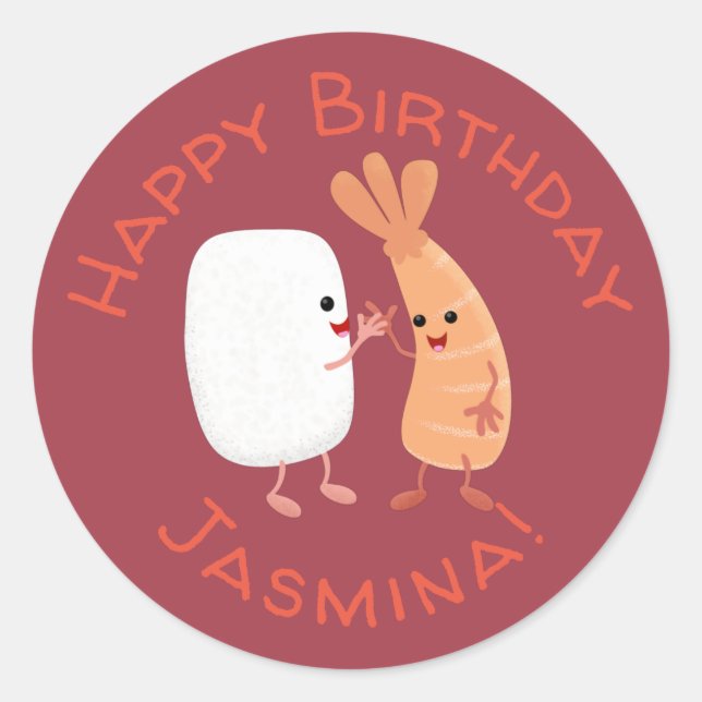Cute sushi rice prawn friends cartoon classic round sticker (Front)