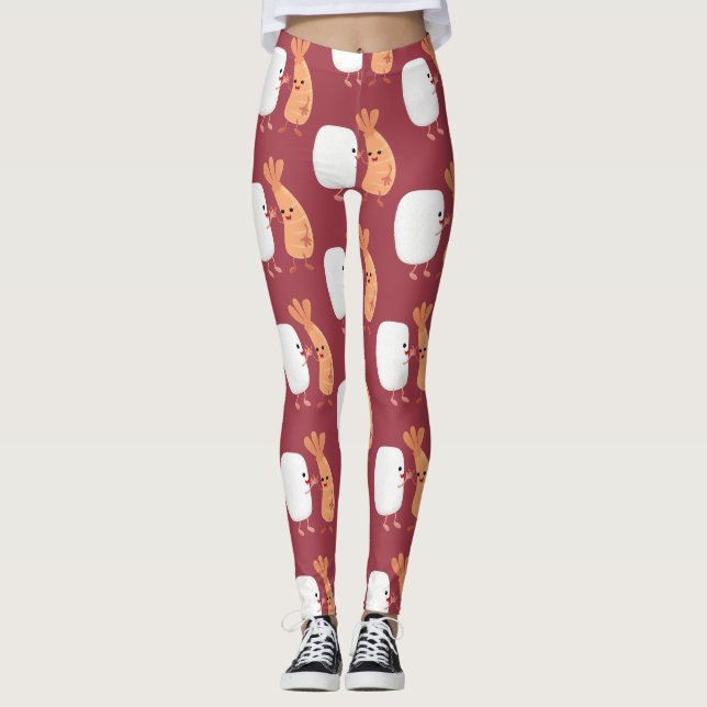Cute sushi rice prawn friends cartoon leggings (Front)