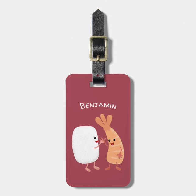 Cute sushi rice prawn friends cartoon luggage tag (Front Vertical)