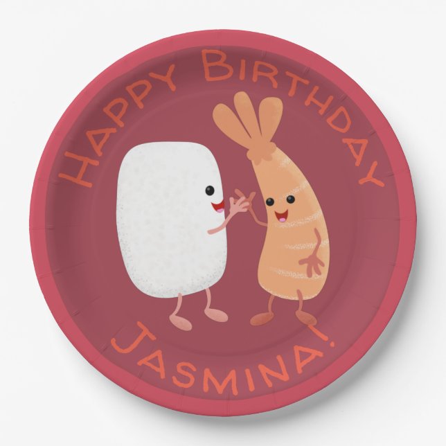 Cute sushi rice prawn friends cartoon paper plate (Front)