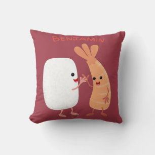Cute sushi rice prawn friends cartoon throw pillow