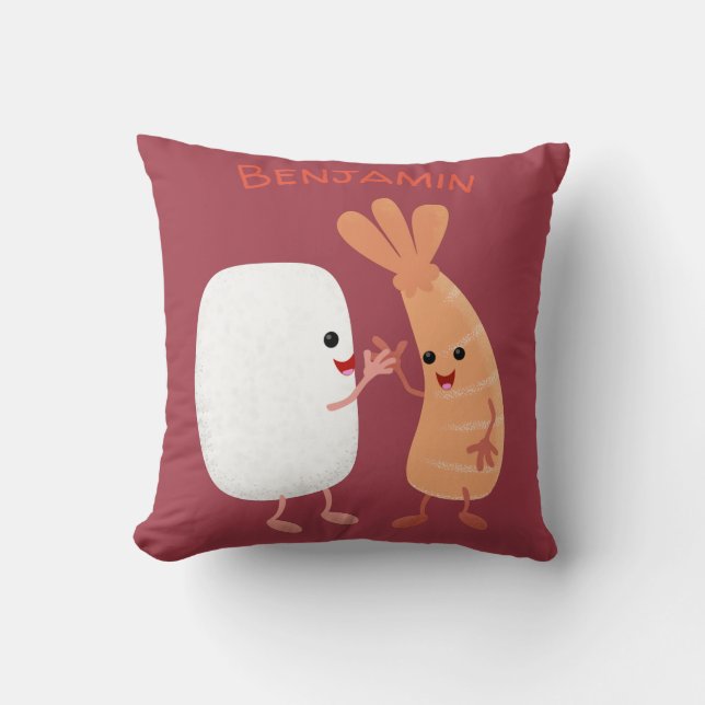Cute sushi rice prawn friends cartoon throw pillow (Front)