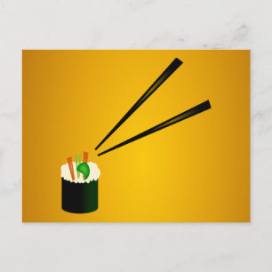 Cute Sushi Roll In Corner With Chopsticks Postcard