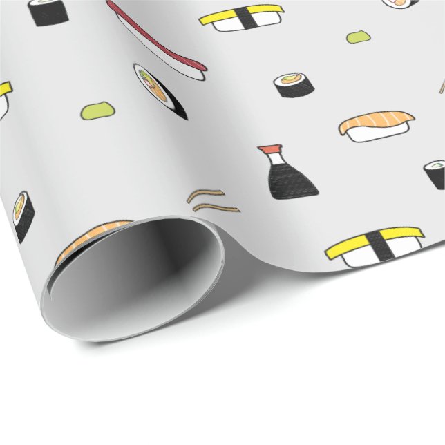 Cute Sushi Roll Set Pattern Nigiri Maki Light Grey Wrapping Paper (Roll Corner)
