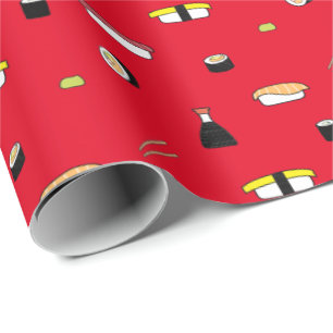 Cute Sushi Roll Set Pattern Nigiri Maki Red Wrapping Paper