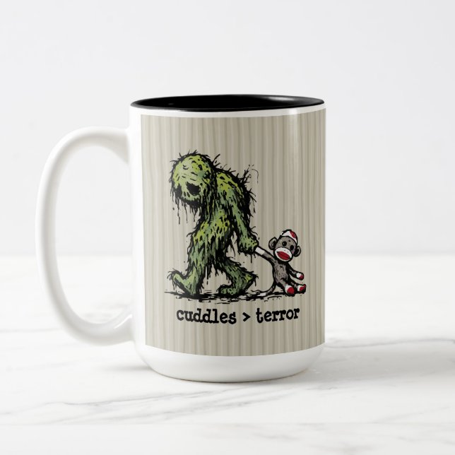 Cute Swamp Creature Sock Monkey Toy Funny Phrase Two-Tone Coffee Mug (Left)