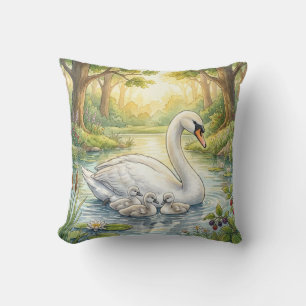 Cute Swan And Babies River and Lake Animals  Throw Pillow
