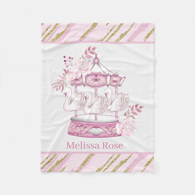 cute swan carousel add name fleece blanket (Front)