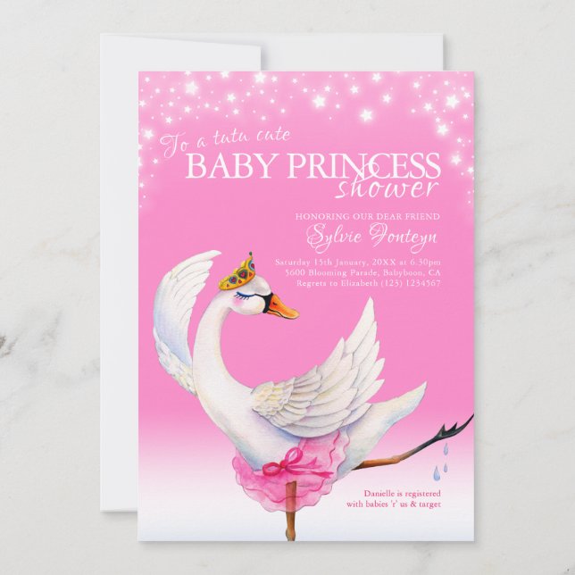 Cute swan lake pink ballet baby shower invitations (Back)