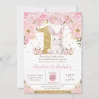 Cute Sweet Bunny Rabbit Pink Floral 1st Birthday