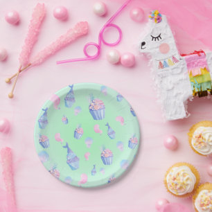 Cute Sweet cupcake mermaid Happy Birthday Girly Paper Plate