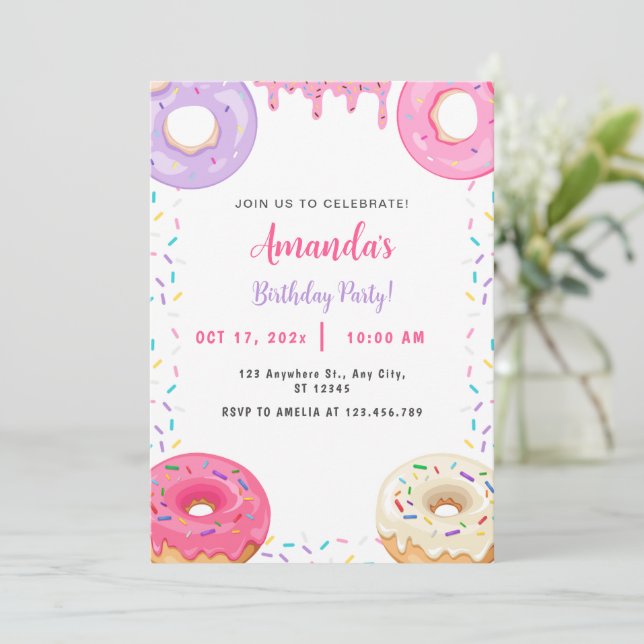 Cute Sweet Doughnut Birthday  Invitation (Standing Front)