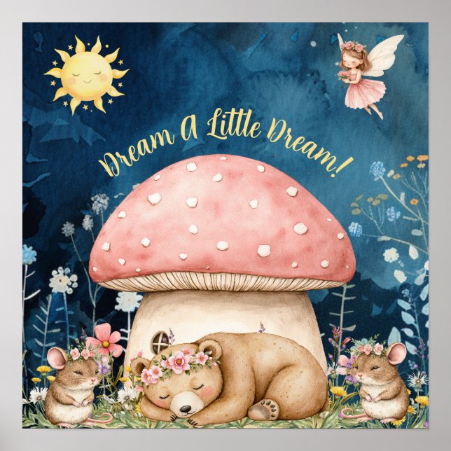 Cute Sweet Dreams Floral Bear & Mice  Poster (Front)