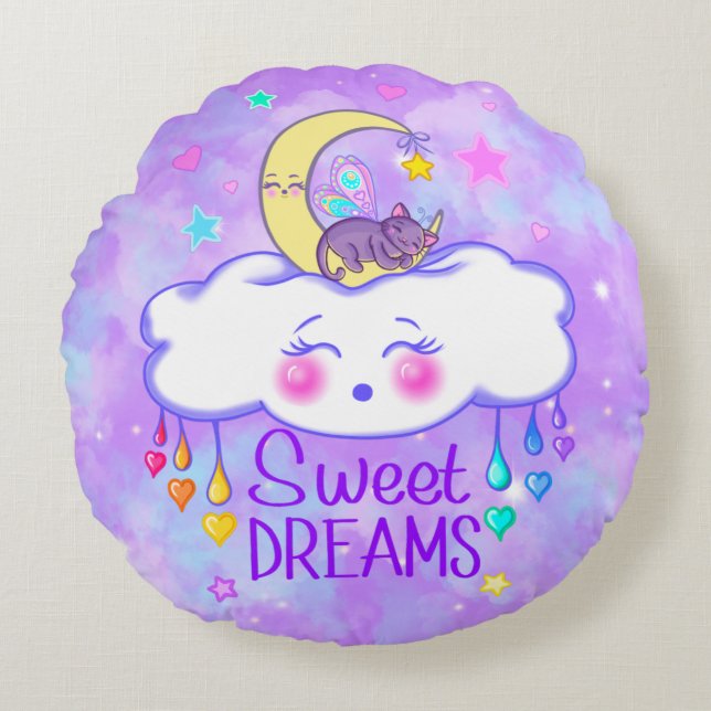 Cute Sweet Dreams Kawaii Round Pillow (Front)