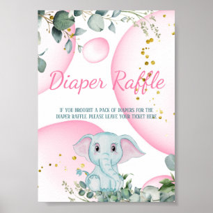Cute Sweet Elephant Eucalyptus Pink Diaper Raffle  Poster