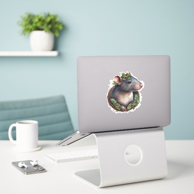 Cute Sweet Festive Pet Rat Holidays/Christmas (Laptop On Desk)