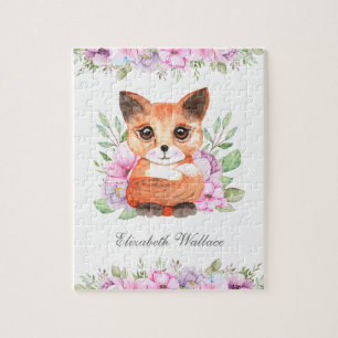 Cute Sweet Girly Pink Floral Fox Name Jigsaw Puzzle