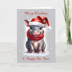 Cute Sweet Hippopotamus Santa Hat New Year Holiday Card