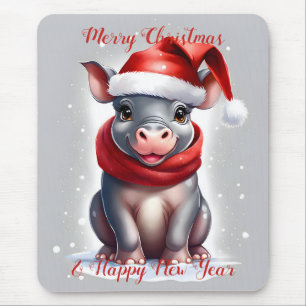 Cute Sweet Hippopotamus Santa Hat New Year Mouse Pad