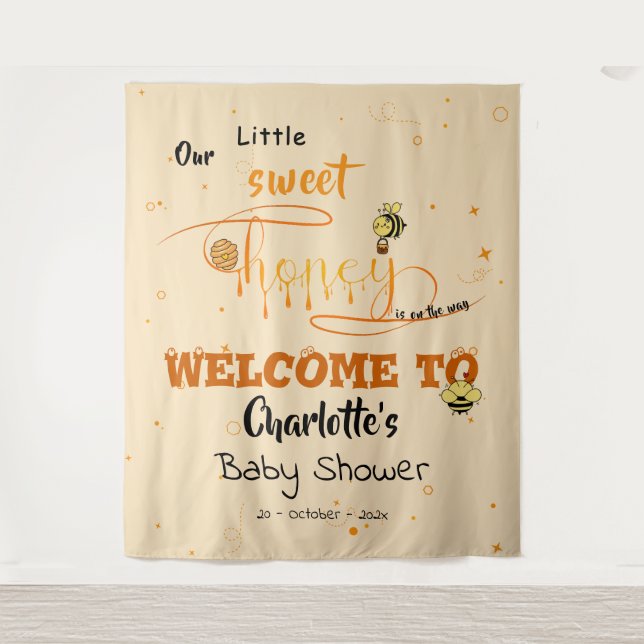 Cute Sweet Honey and Kawaii Eyeball Text Backdrop Tapestry (Front)