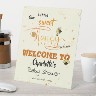 Cute Sweet Honey & Kawaii Eyeball Text Baby Shower Pedestal Sign