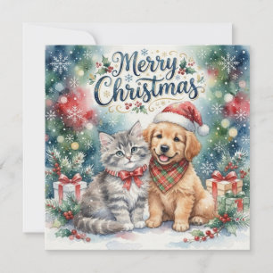 Cute sweet kitten and puppy. Merry Christmas. Card