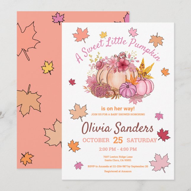 Cute Sweet Little Pumpkin Fall Leaves Baby Shower Invitation (Front/Back)